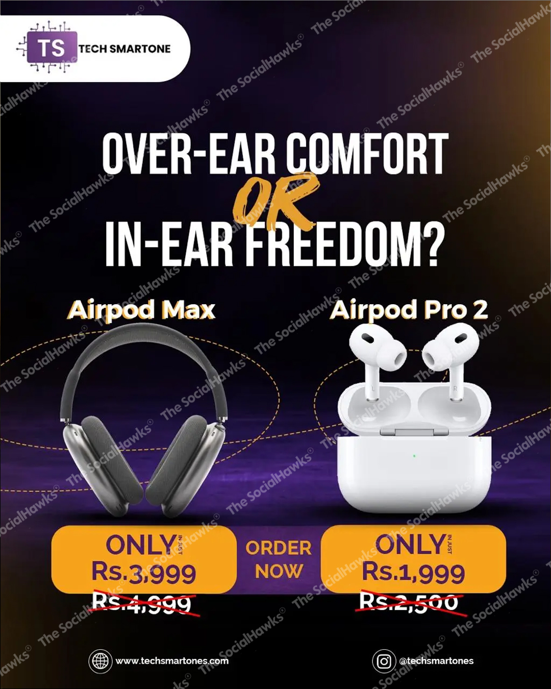 Tech SmartOne AirPod Max vs AirPod Pro 2 comparison ad with discounted prices